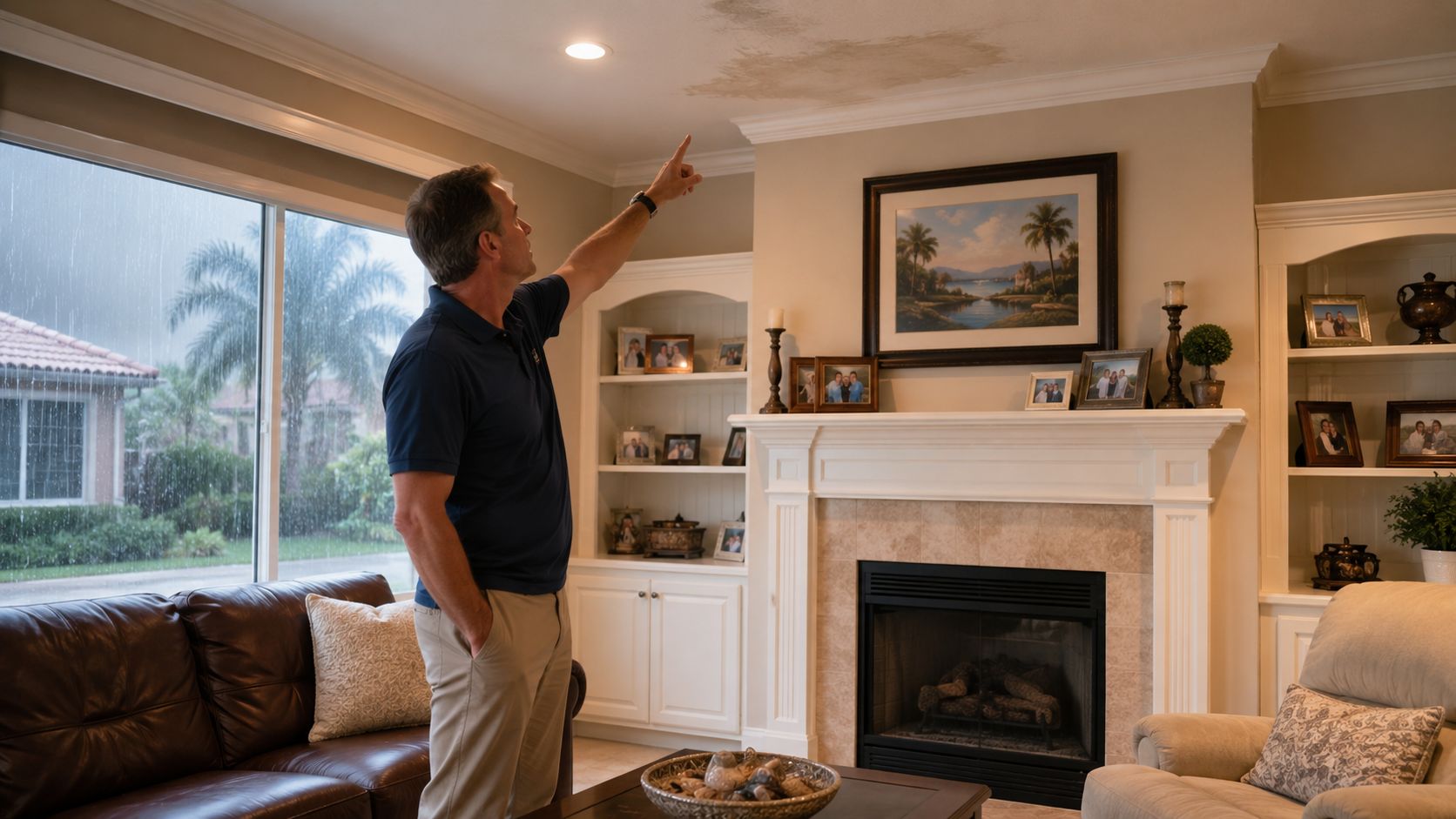 A man pointing at a water stain on the ceiling inside a living room with a fireplace.