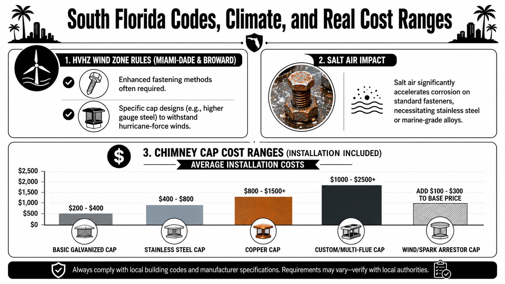 An infographic detailing South Florida chimney cap building codes, environmental impacts, and average professional installation cost ranges.