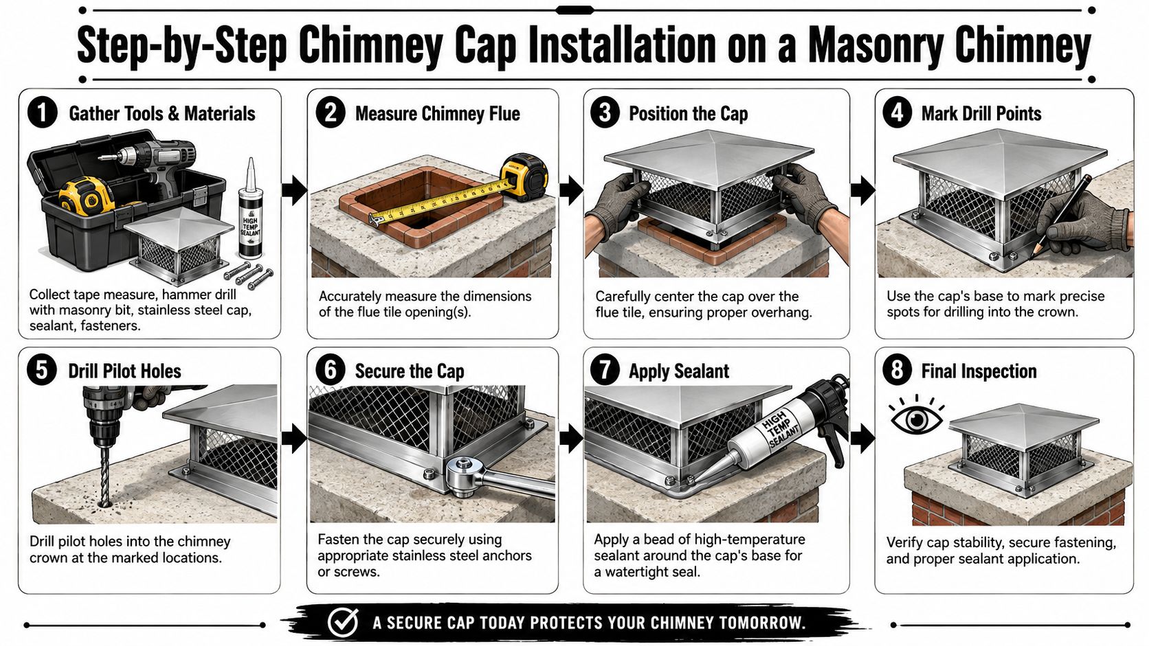 An instructional infographic detailing the eight steps for installing a chimney cap on a masonry chimney.