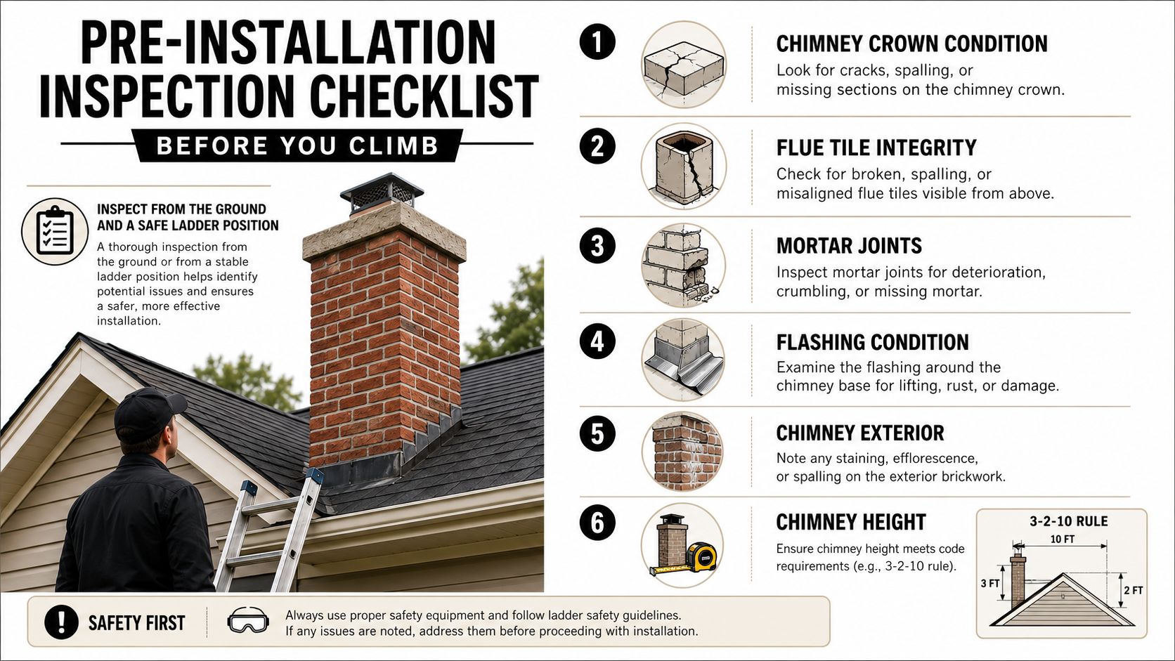 A pre-installation inspection checklist for chimneys, illustrating six key areas to check before climbing onto a roof.