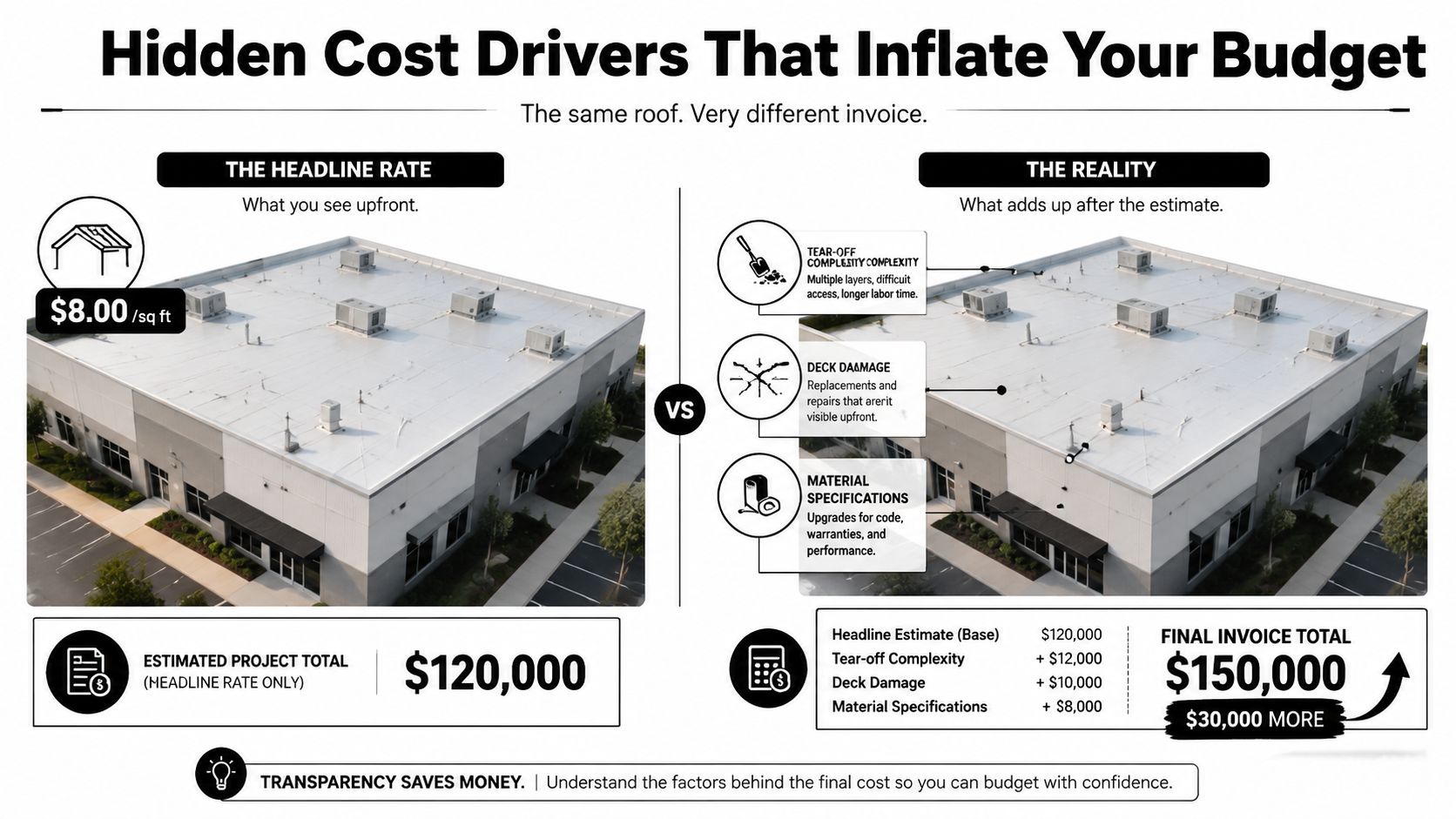 An infographic comparing initial commercial roofing cost estimates with final invoices showing hidden cost drivers.