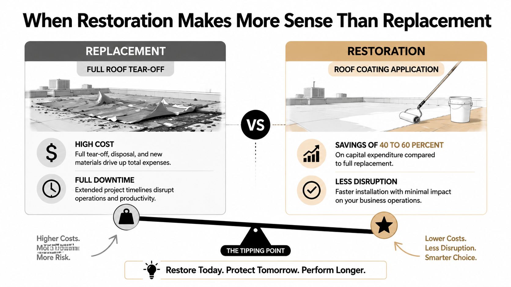 A comparison chart showing the benefits of roof restoration versus full replacement for commercial building maintenance.
