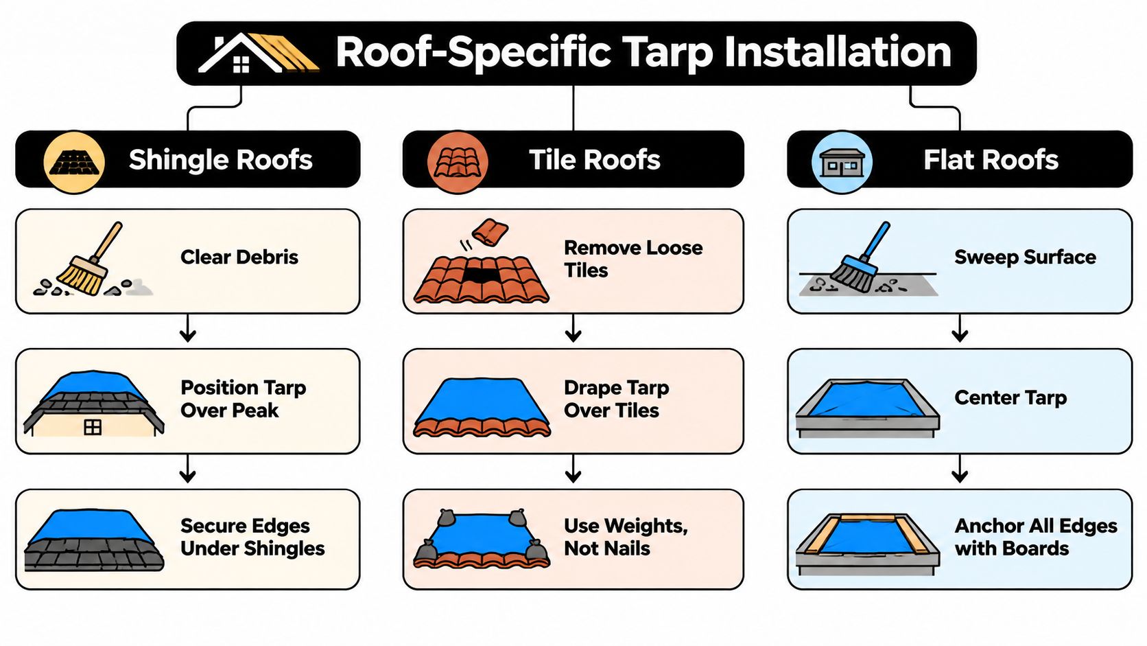 An infographic illustrating the step-by-step process for installing emergency tarps on shingle, tile, and flat roofs.