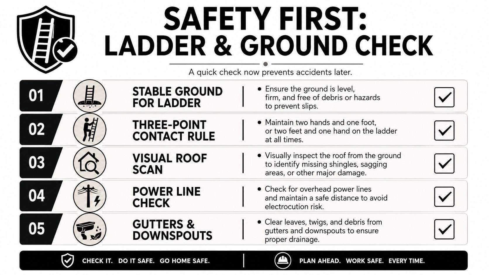 A safety checklist infographic titled Ladder and Ground Check highlighting five key steps for roof maintenance safety.