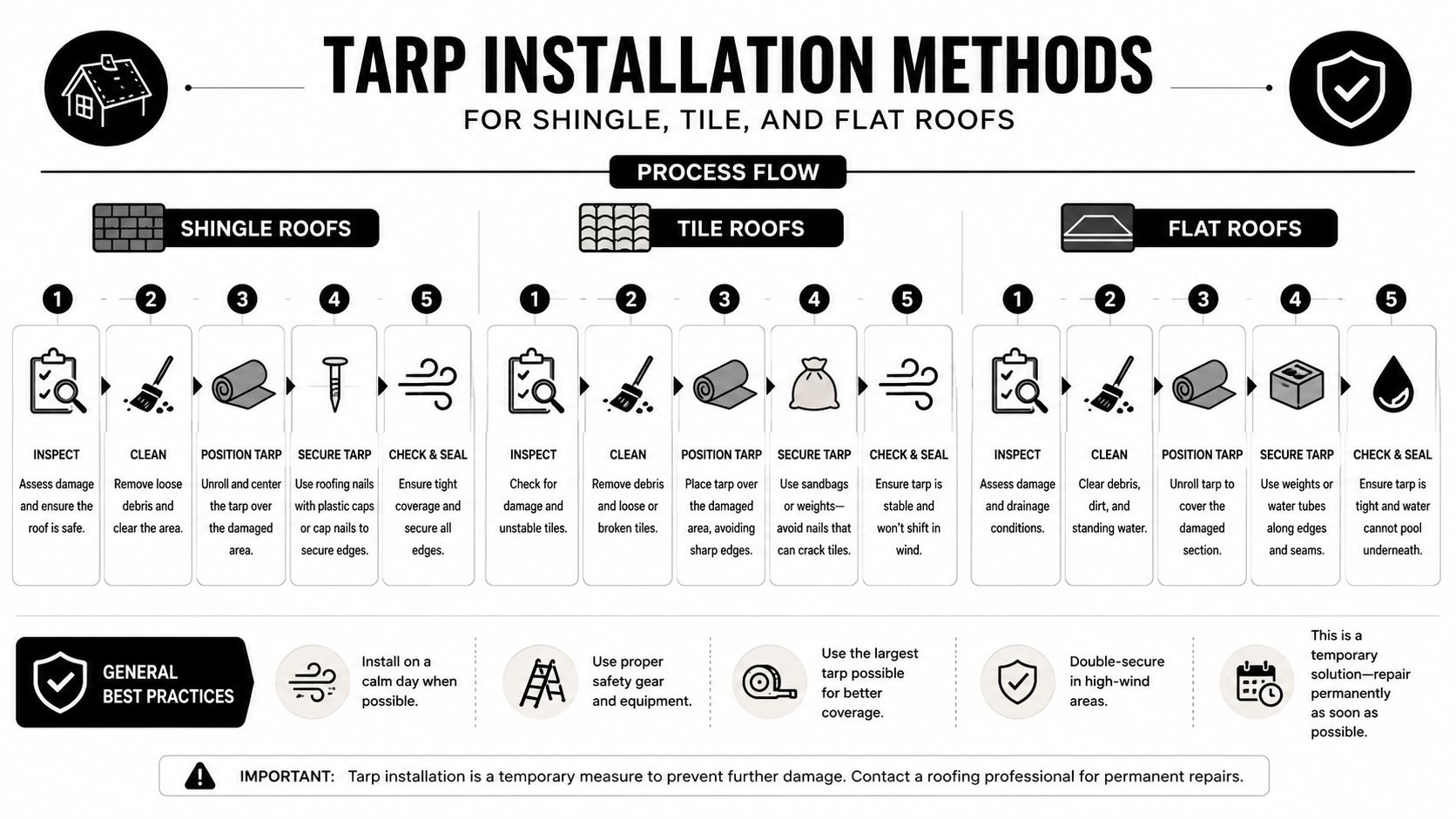 A detailed infographic showing step-by-step instructions for installing emergency tarps on shingle, tile, and flat roofs.