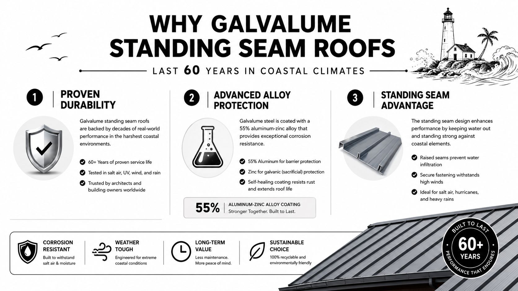 An infographic detailing the benefits of Galvalume standing seam metal roofs for coastal climate applications.