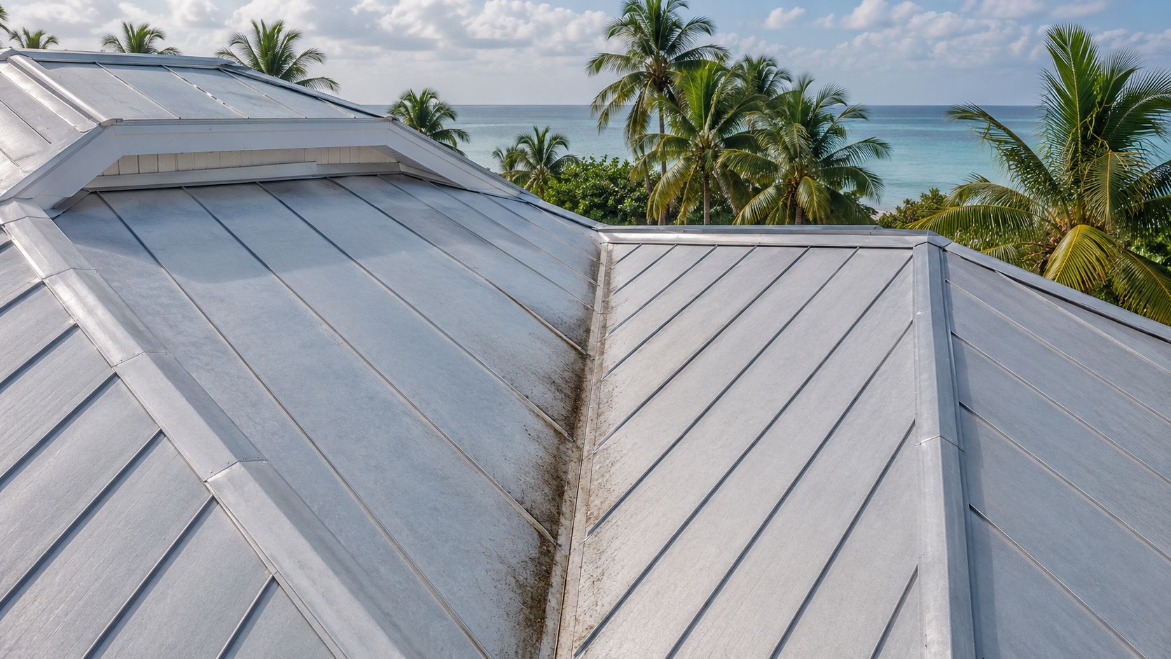 An aerial view of a galvalume standing seam metal roof on a building overlooking the tropical ocean.