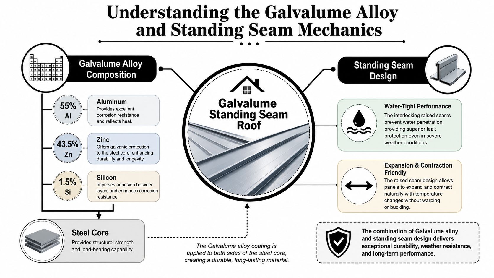 A detailed infographic explaining the composition of Galvalume alloy and the design mechanics of standing seam metal roofs.