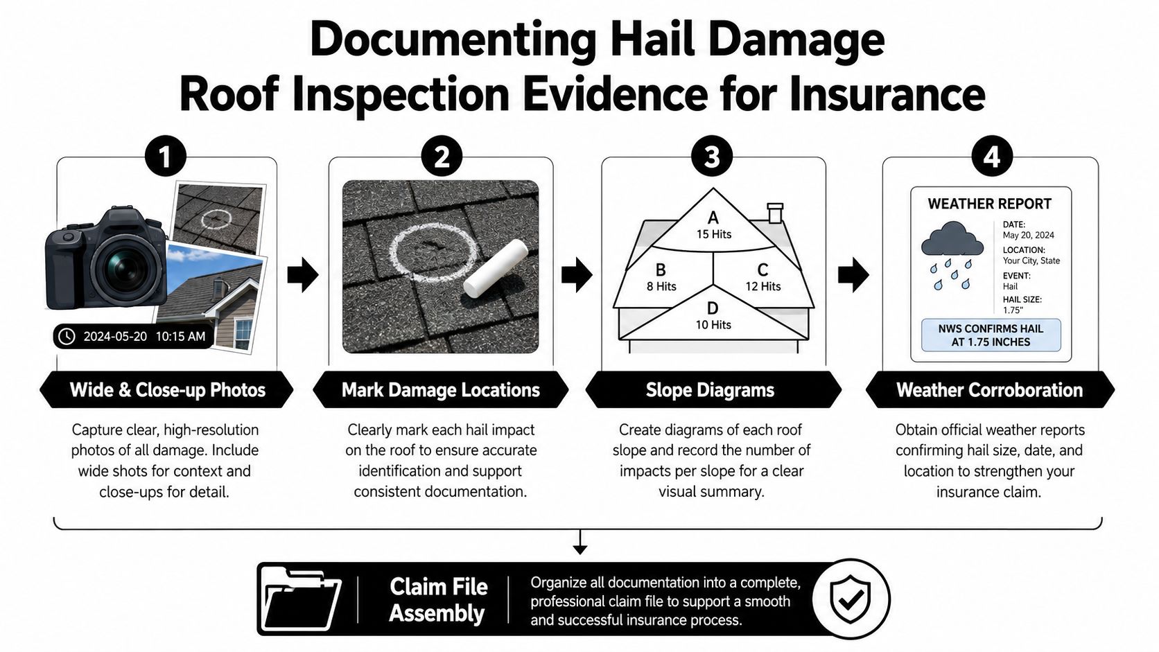An infographic detailing four steps for documenting hail damage on a roof for an insurance claim.