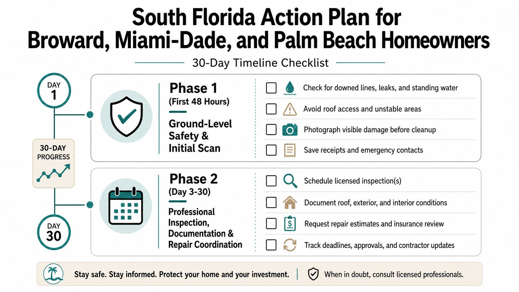 A 30-day checklist infographic guide for Florida homeowners to manage property damage after a storm event.