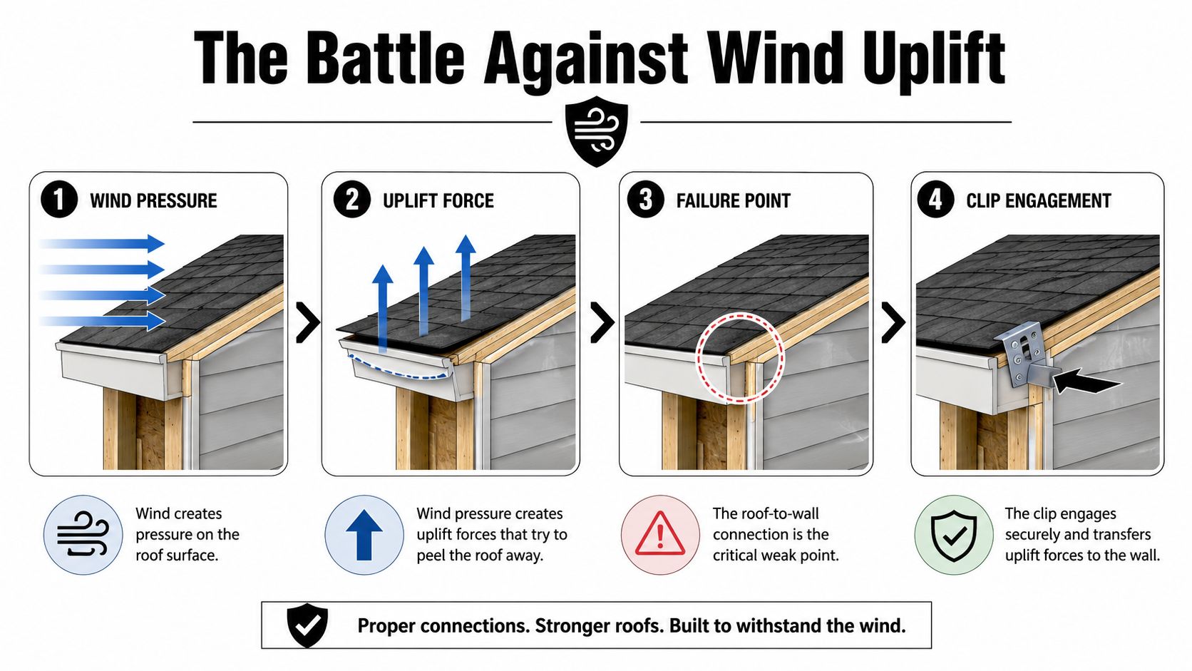 A four-step diagram illustrating wind uplift forces on a roof and how hurricane clips reinforce structural connections.