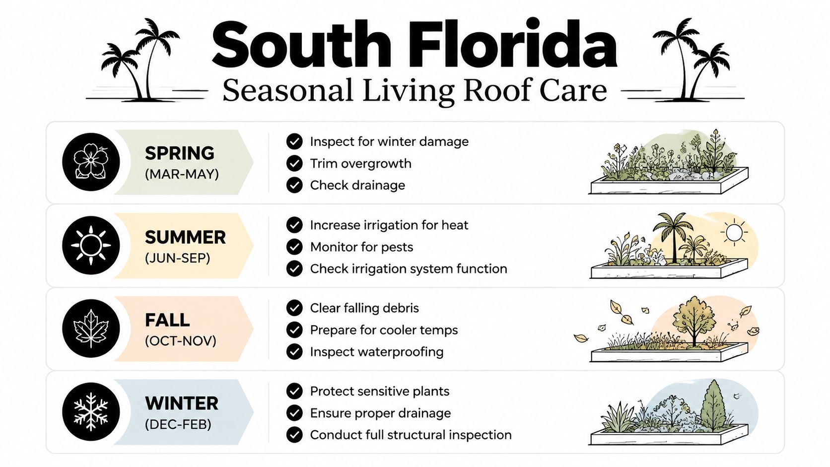 A seasonal infographic titled South Florida Living Roof Care detailing maintenance tasks for every time of year.