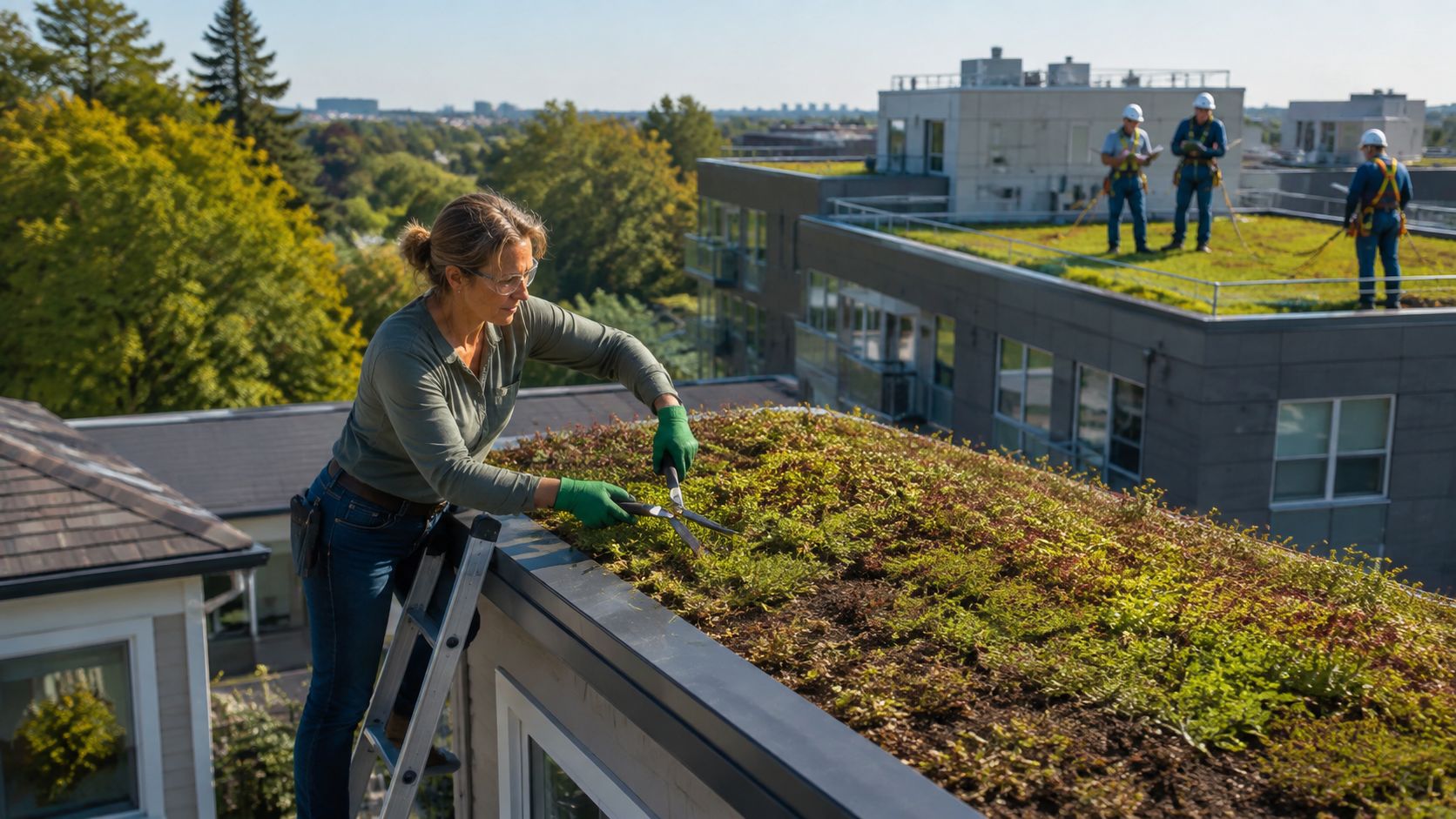 A professional landscaper carefully trims vegetation on a living roof with building maintenance workers in the background.