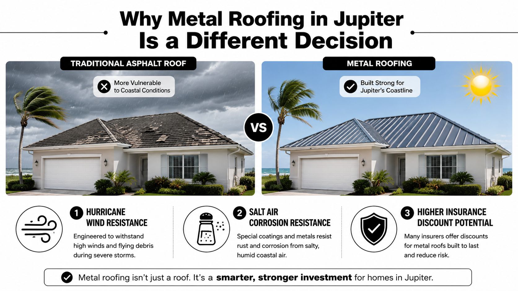 A comparison graphic showing traditional asphalt roofs versus metal roofing for coastal homes in Jupiter, Florida.