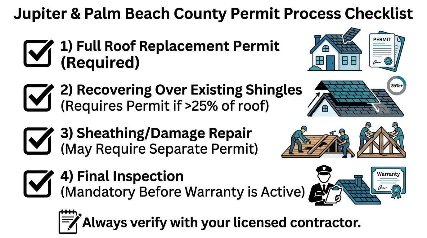 A checklist outlining the permit process for roofing projects in Jupiter and Palm Beach County, Florida.