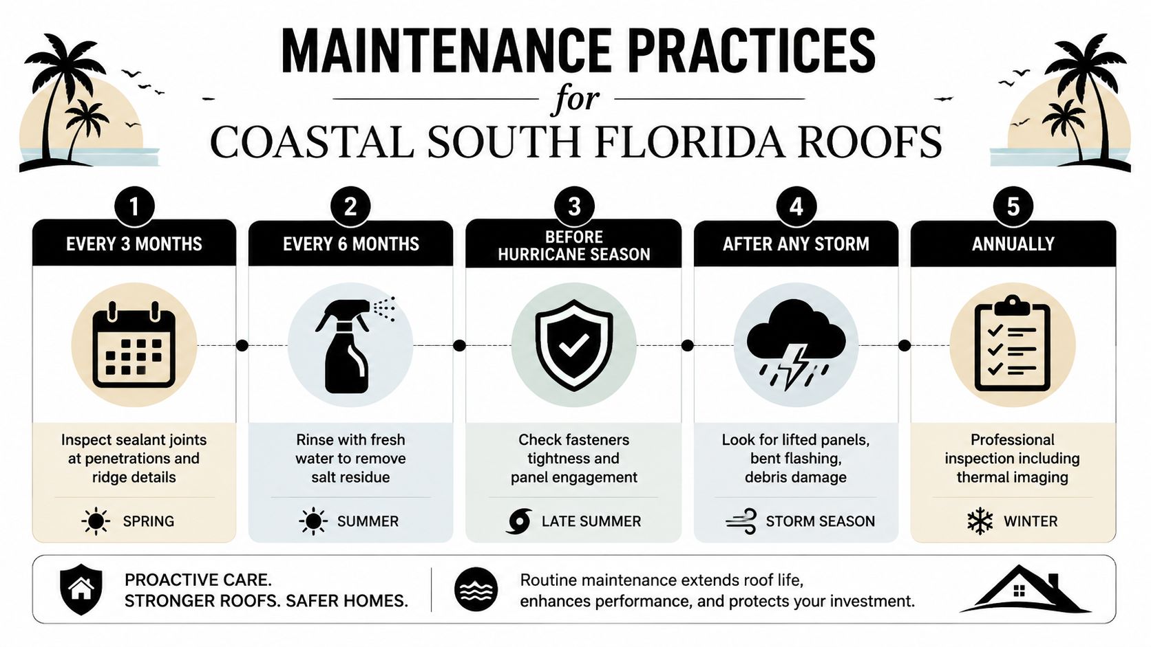 An infographic showing a five-step maintenance schedule for metal roofs in coastal South Florida environments.