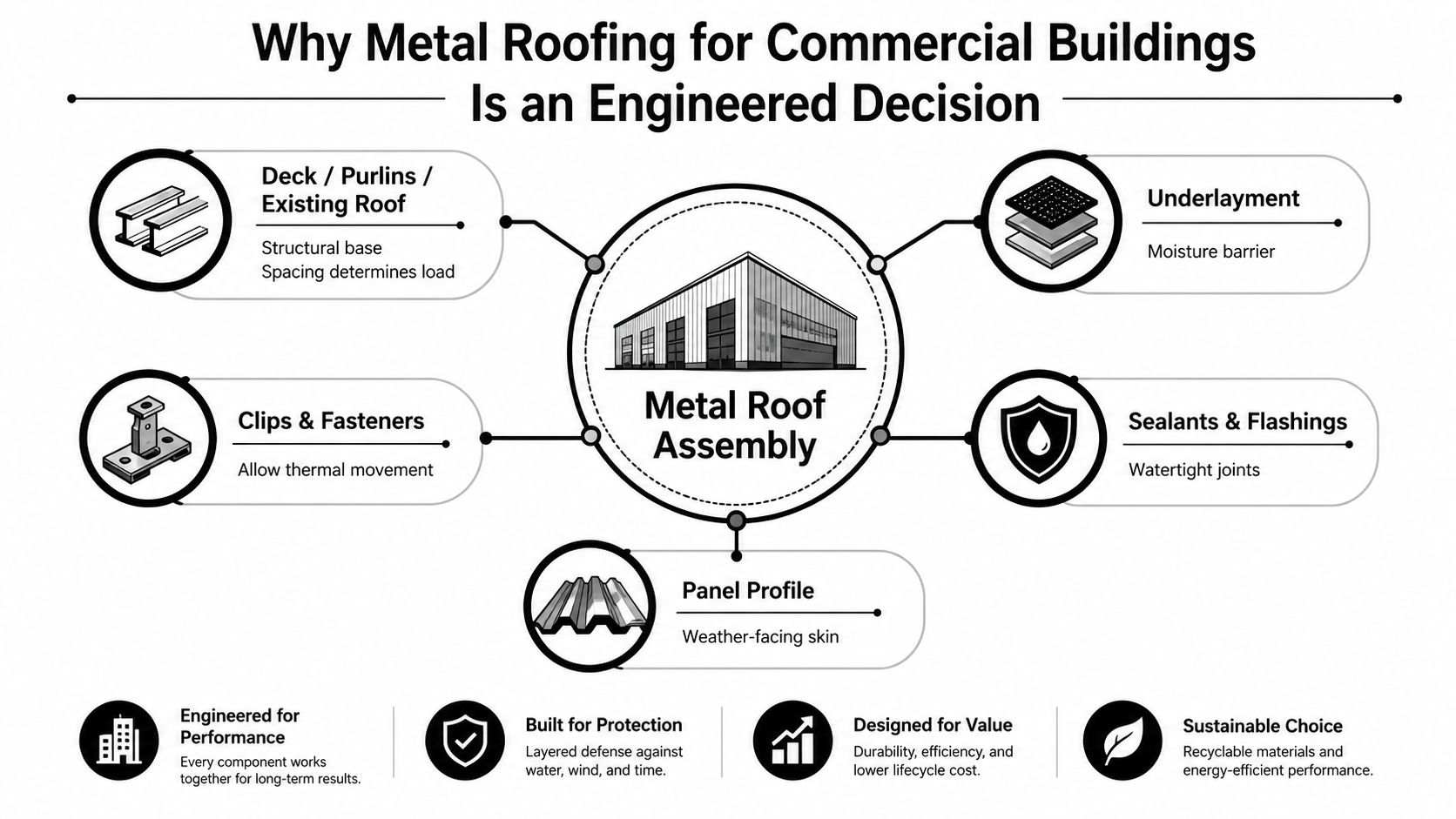 A diagram illustrating the components of a metal roof assembly for commercial building construction projects.