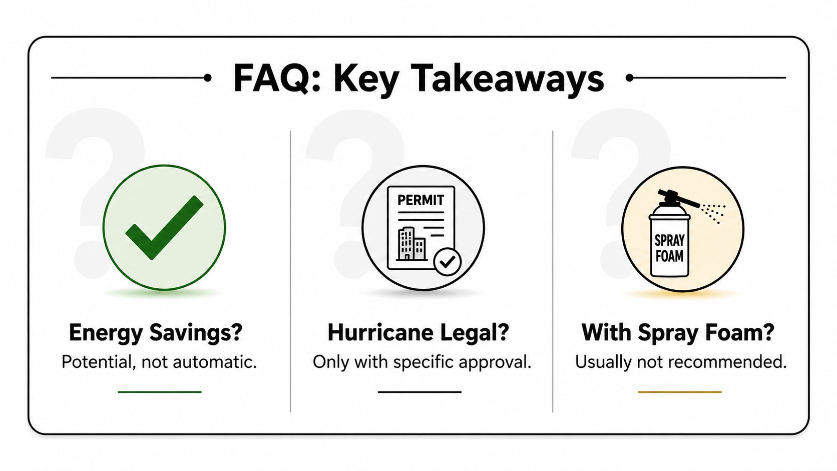 An infographic titled FAQ: Key Takeaways showing information about energy savings, hurricane legality, and spray foam usage.