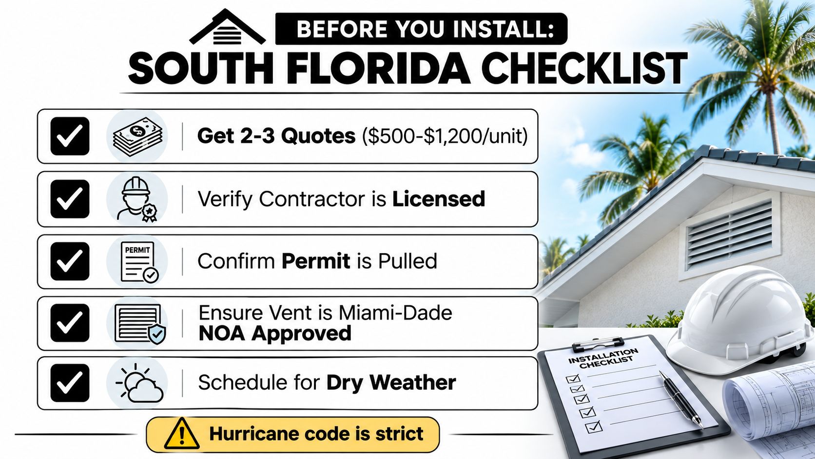 A checklist for installing roof vents in South Florida, highlighting essential licensing, permits, and safety requirements.