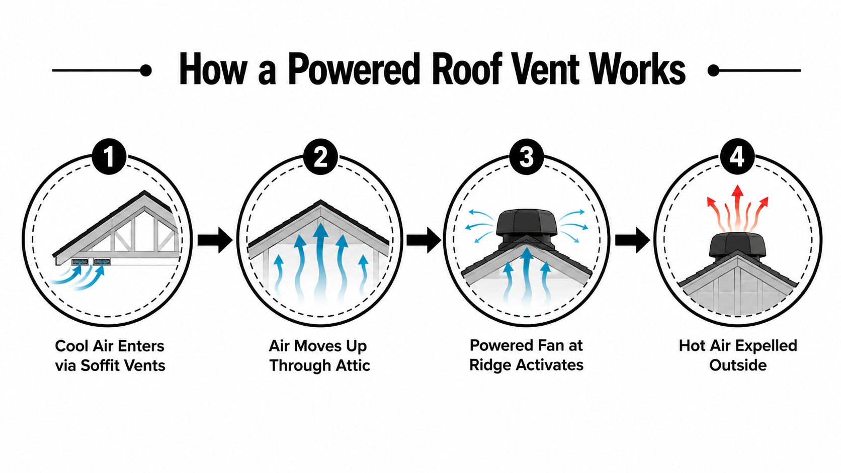 A four-step diagram illustrating the process of how a powered roof vent removes hot air from attics.