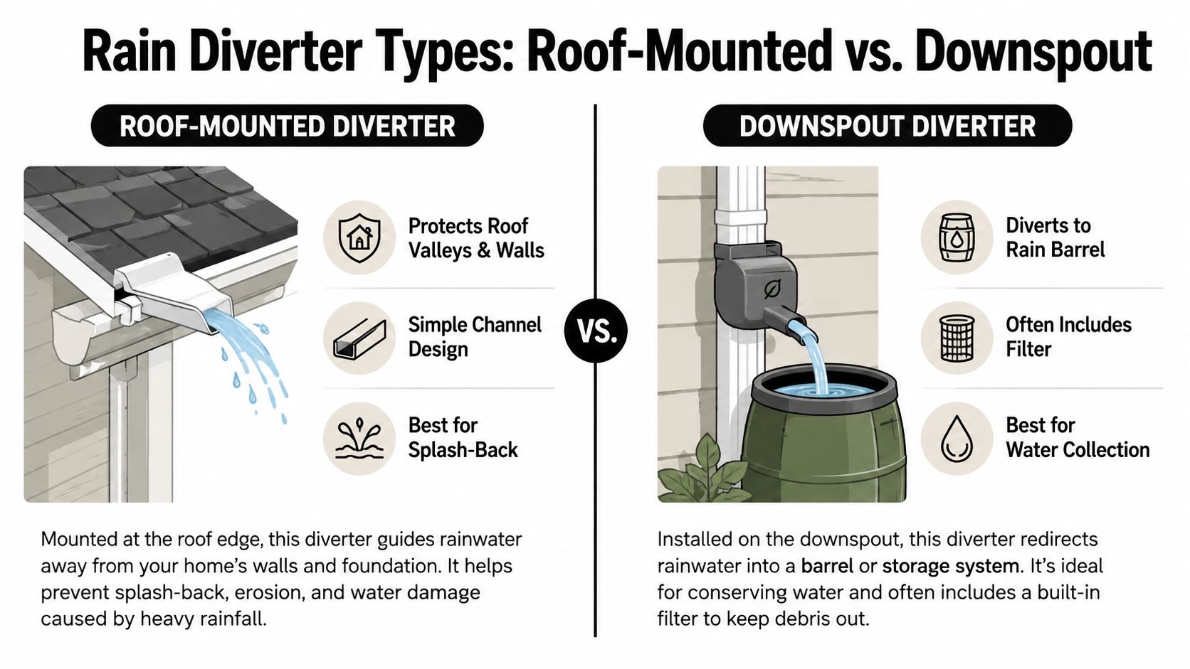 A comparison infographic showing a roof-mounted diverter protecting walls versus a downspout diverter filling a rain barrel.