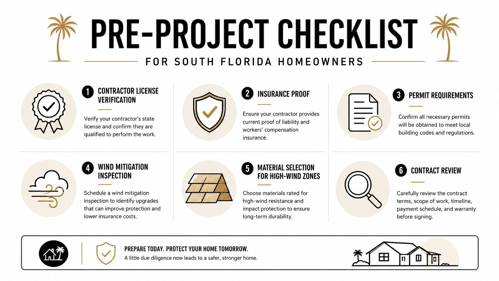 A pre-project checklist infographic for South Florida homeowners preparing for home improvements like roof replacement.