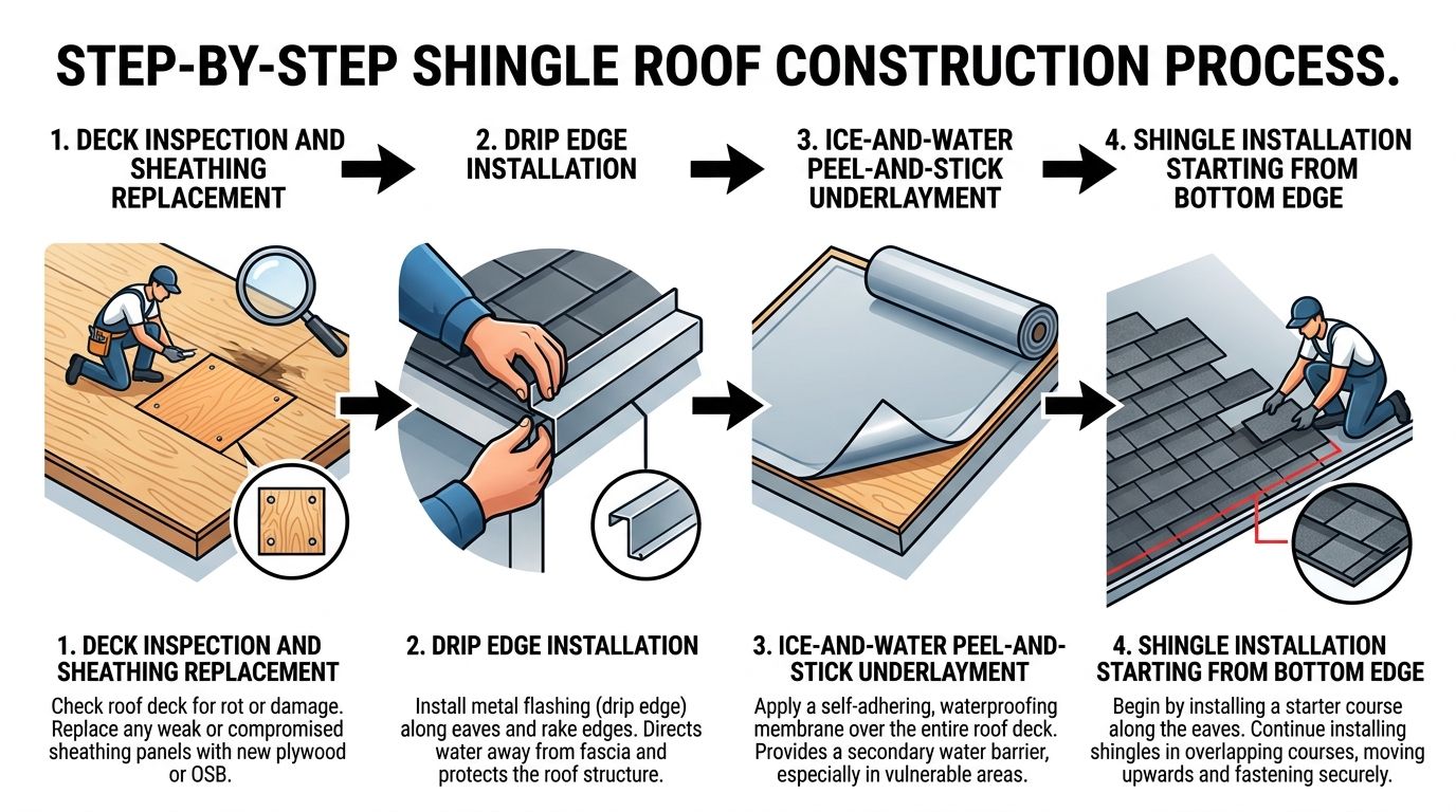 A four-step instructional diagram illustrating the process of installing a new shingle roof on a house.