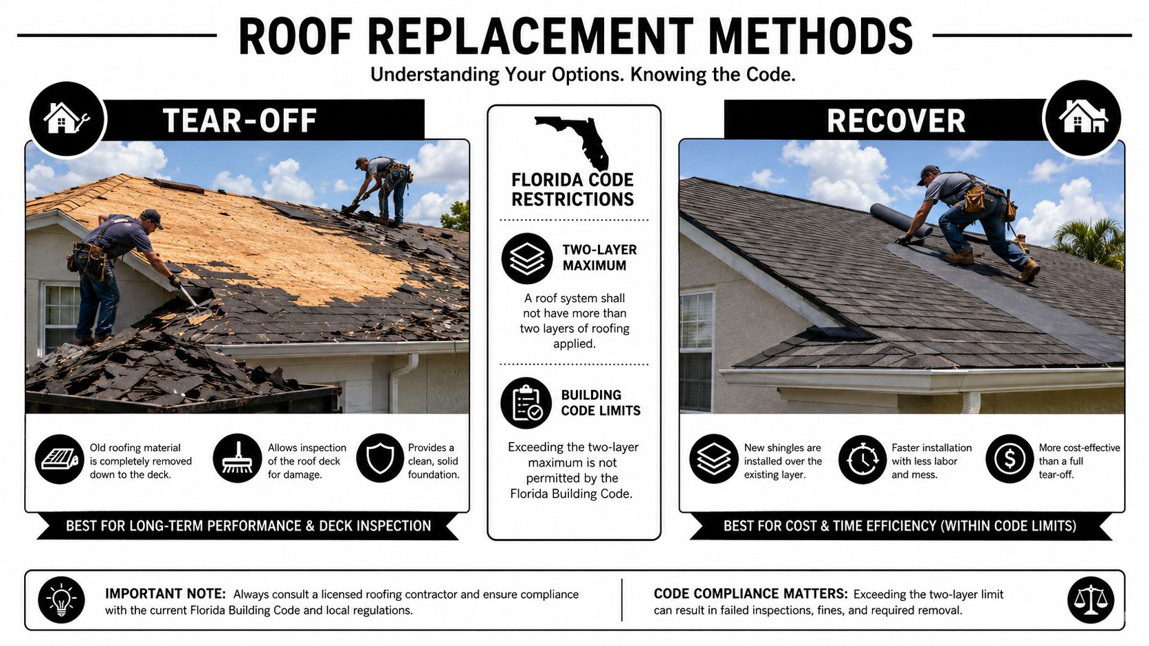 A comparison chart showing the differences between tear-off and recover roof replacement methods for Florida homes.