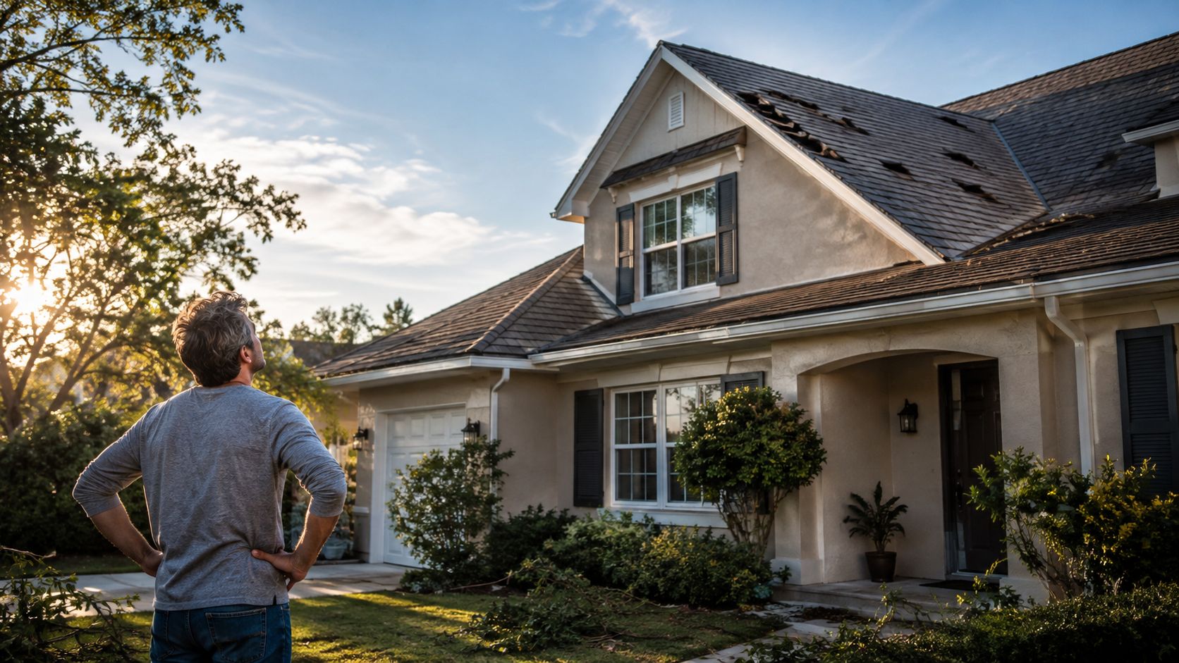 A homeowner inspects severe roof damage on their house following a storm at sunset.
