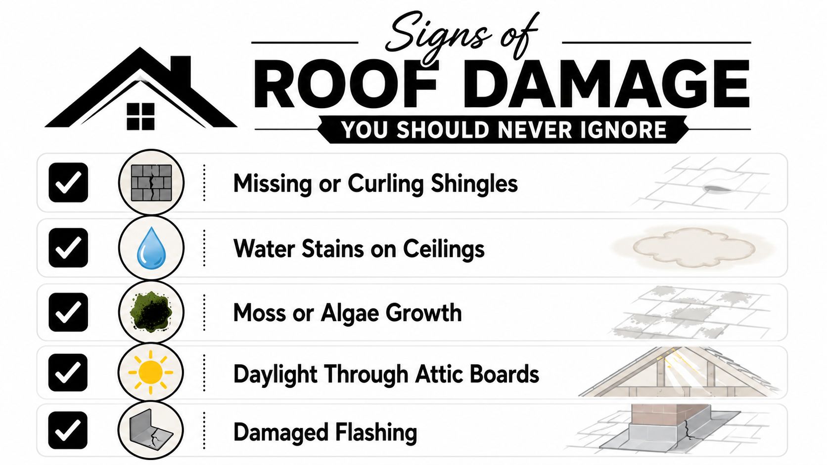 An infographic list outlining five common signs of roof damage that homeowners should watch out for.