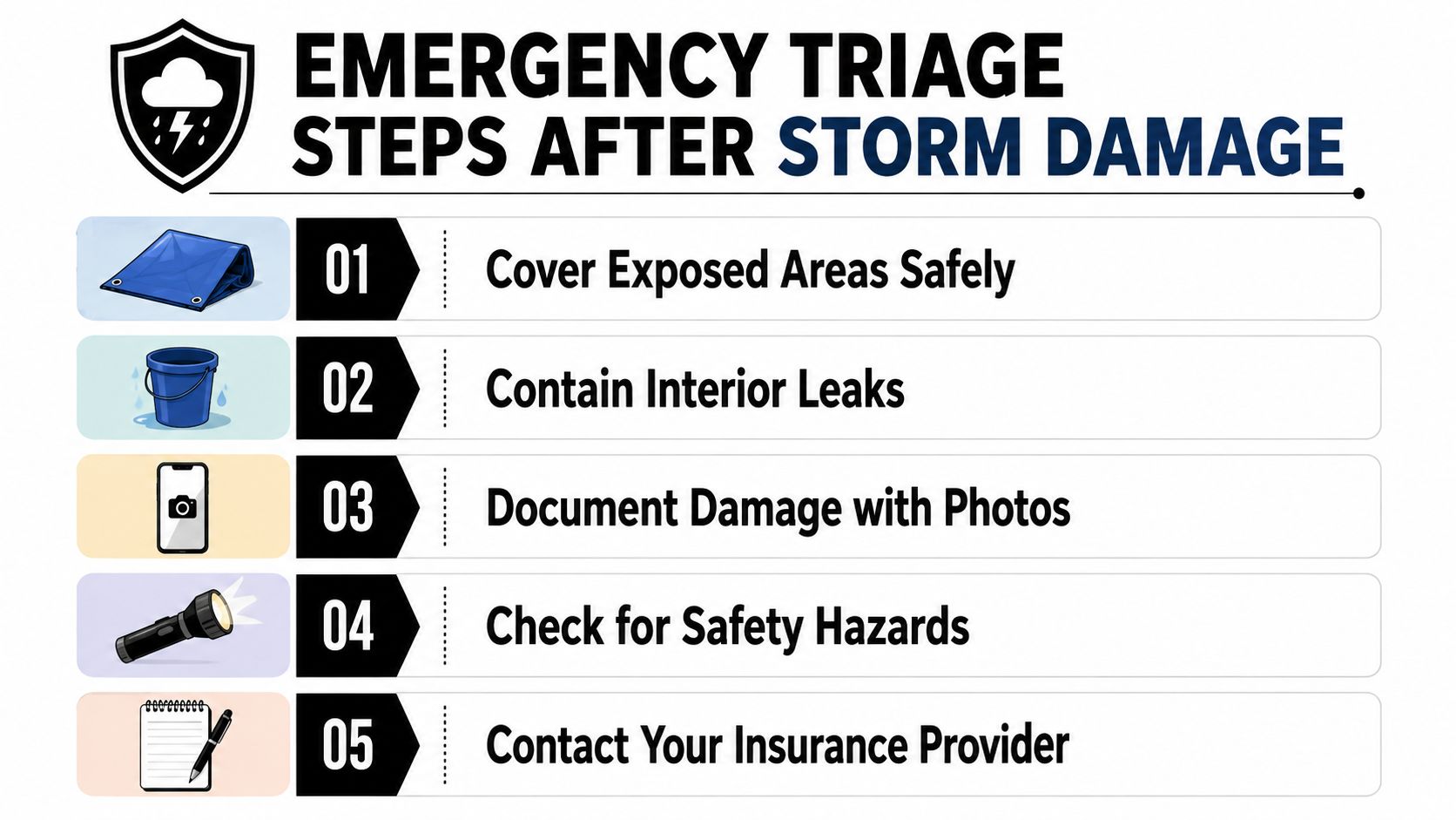 An infographic showing five essential steps to take for emergency triage after experiencing home storm damage.
