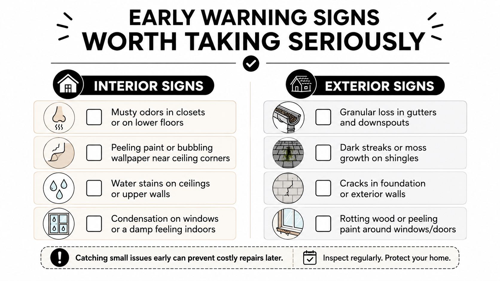 An infographic titled Early Warning Signs Worth Taking Seriously displaying interior and exterior house maintenance issues.