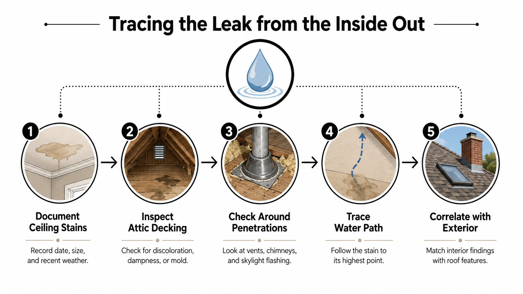 A step-by-step infographic illustrating the process of locating a home roof leak from the inside out.