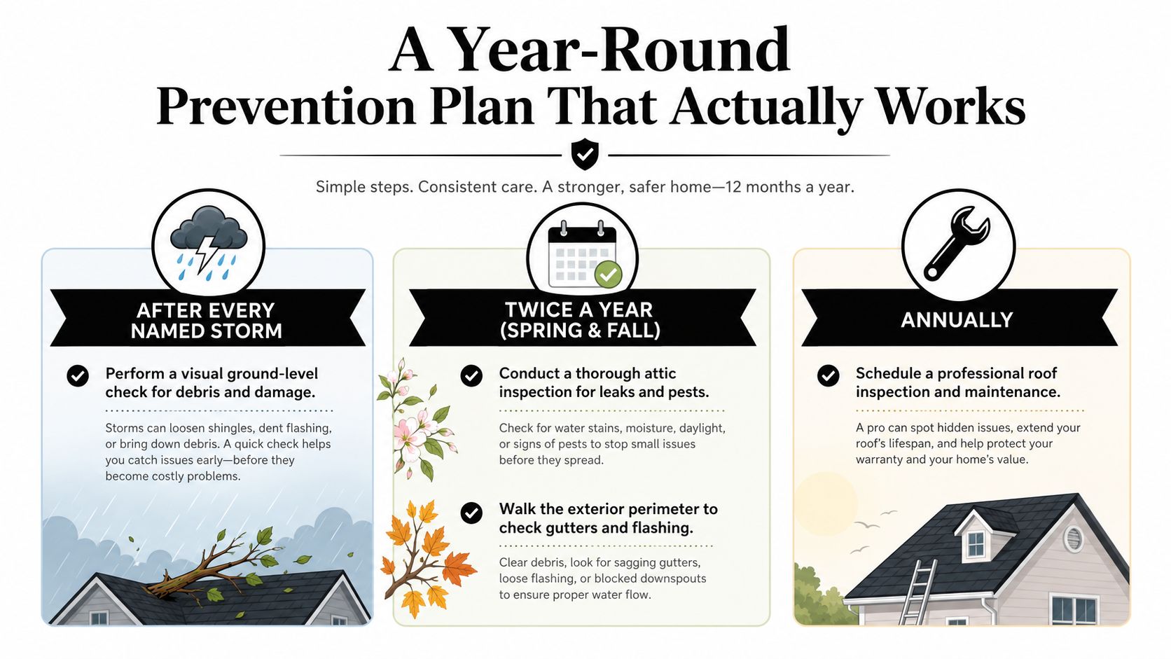 A helpful infographic showing a year-round roof maintenance checklist for storm, seasonal, and annual prevention steps.