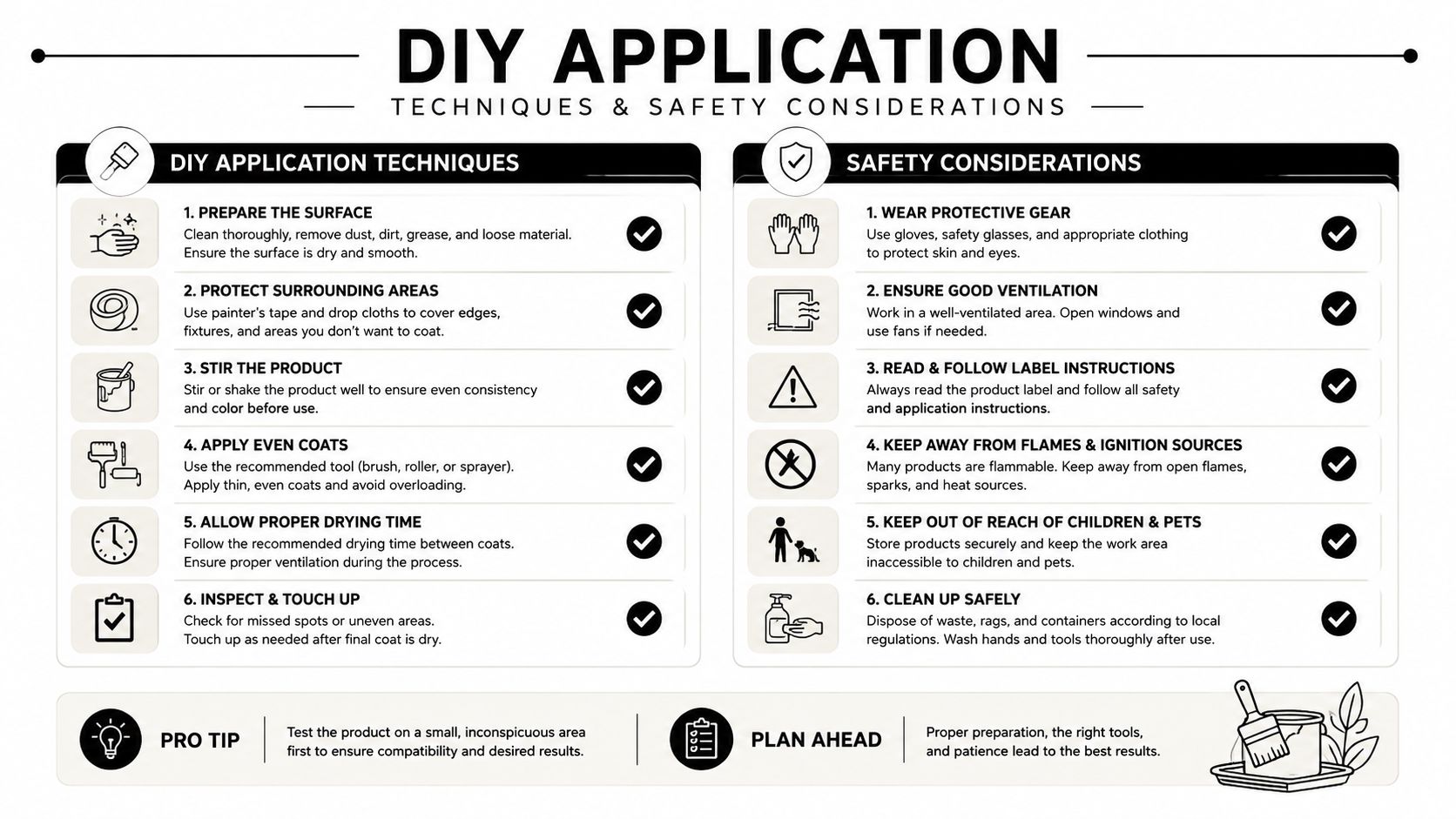 An infographic detailing DIY application techniques and safety considerations for home improvement and painting projects.