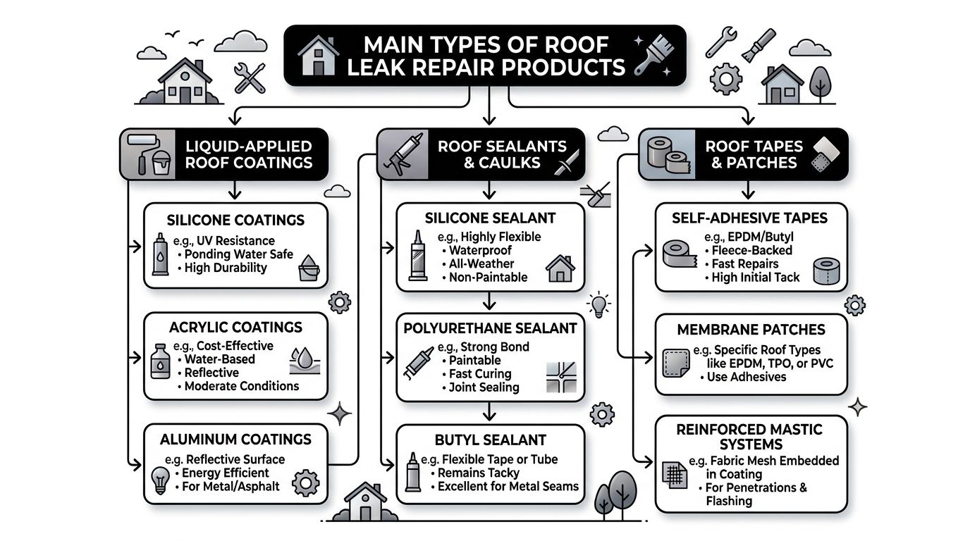 A comprehensive infographic illustrating main types of roof leak repair products, including coatings, sealants, and adhesive tapes.