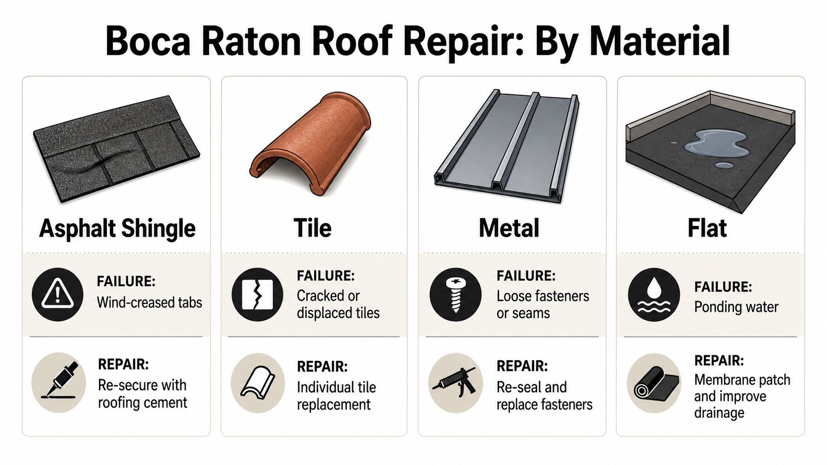 A chart illustrating different roofing materials, common failure types, and appropriate repair methods for Boca Raton roofs.