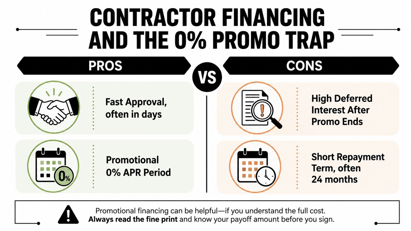 An infographic titled Contractor Financing and the 0% Promo Trap detailing the pros and cons of promotional lending.