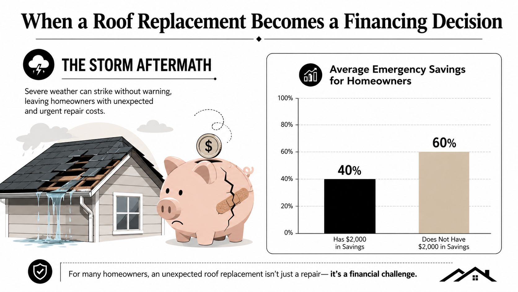 An infographic showing that 60% of homeowners lack $2,000 in savings for unexpected roof repairs.