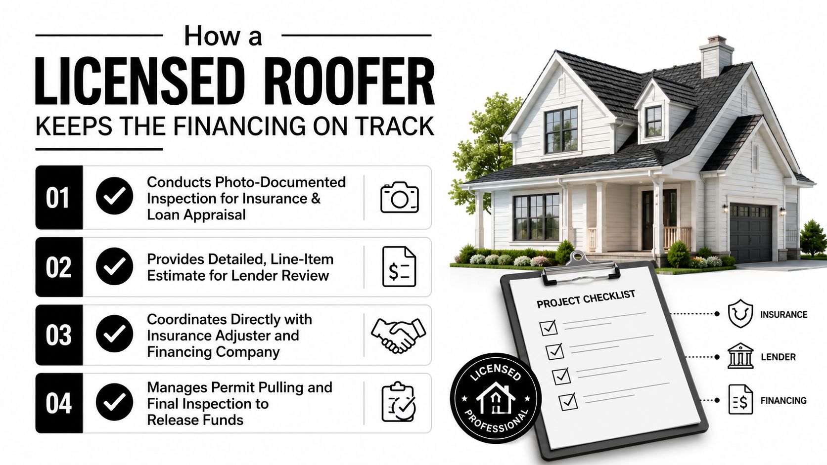 A graphic explaining how a licensed roofer manages the financial aspects of roof replacement and repairs.