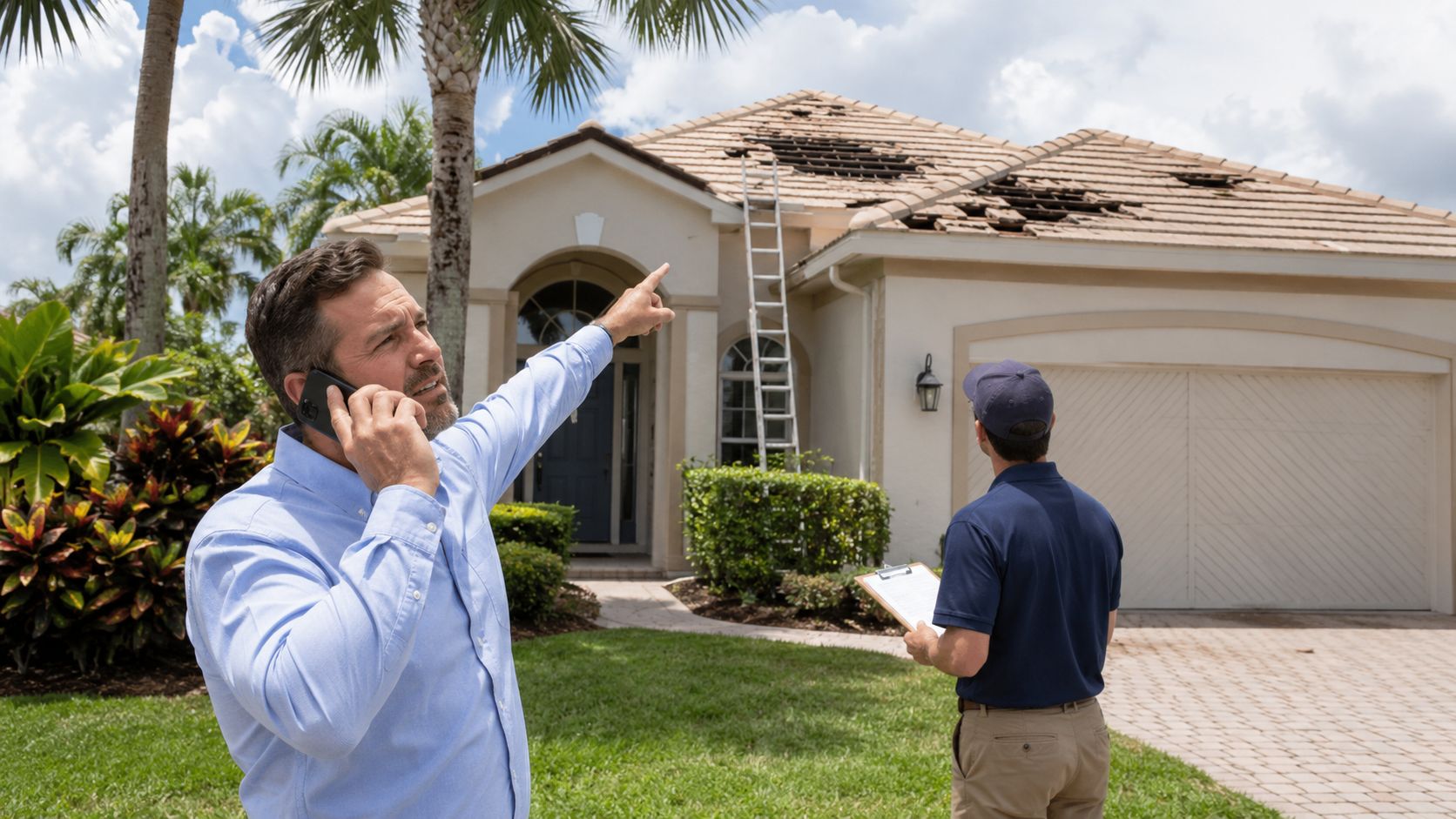 A man in a dress shirt talking on his phone while pointing toward a damaged residential roof.