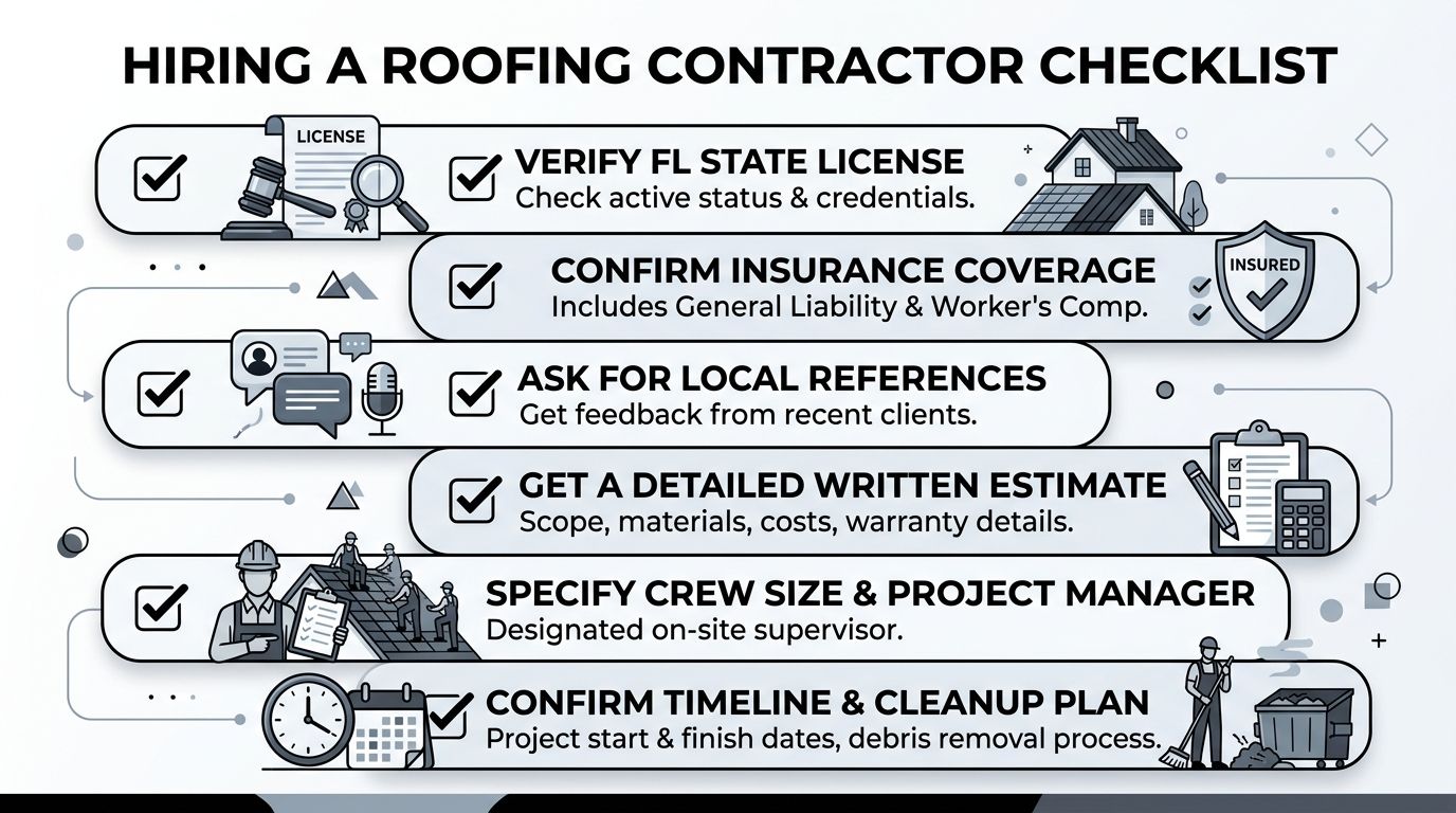 A professional checklist for hiring a roofing contractor, highlighting key verification steps for homeowners.