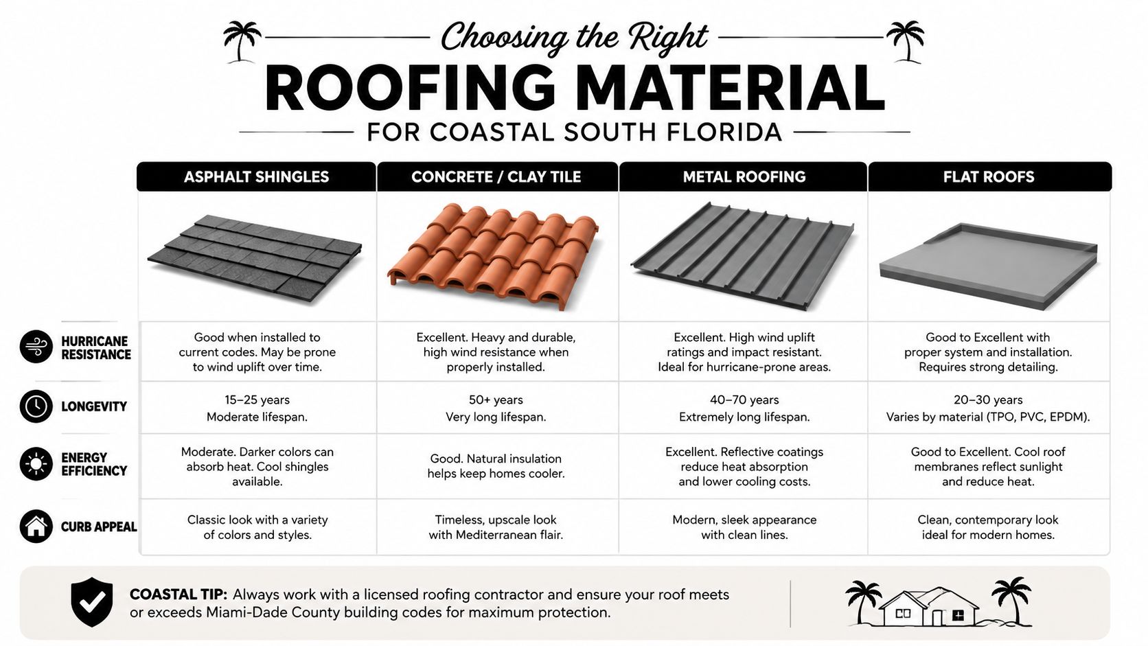 A comparison chart of roofing materials including asphalt shingles, tiles, metal, and flat roofs for Florida homes.