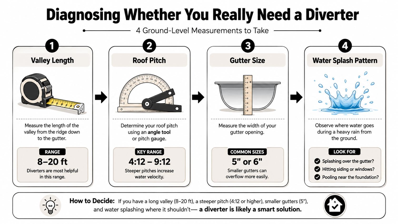 An infographic showing four steps to determine if a roof valley rain water diverter is necessary.