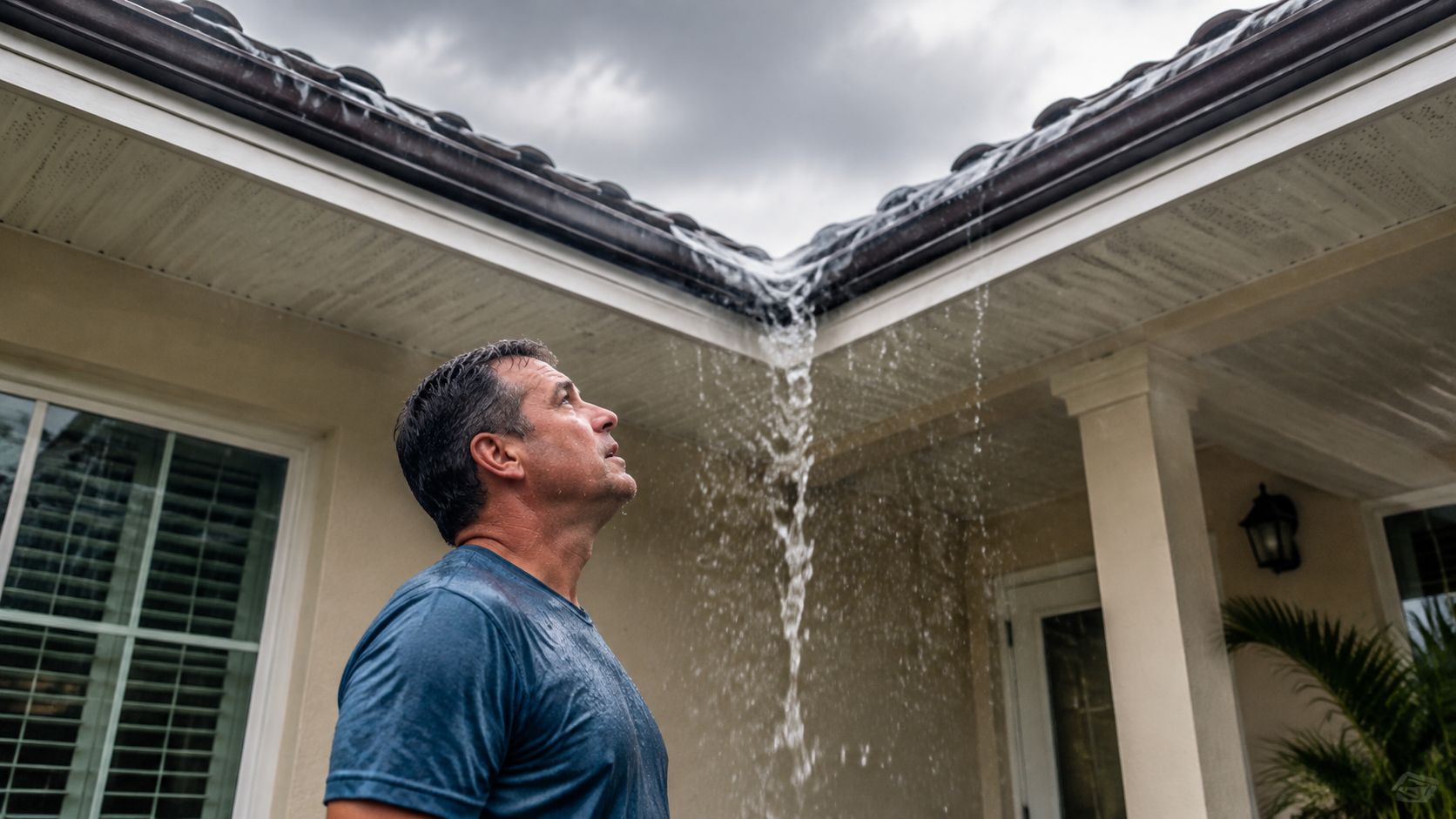 A man standing outside in the rain looking up at water overflowing from a roof valley.