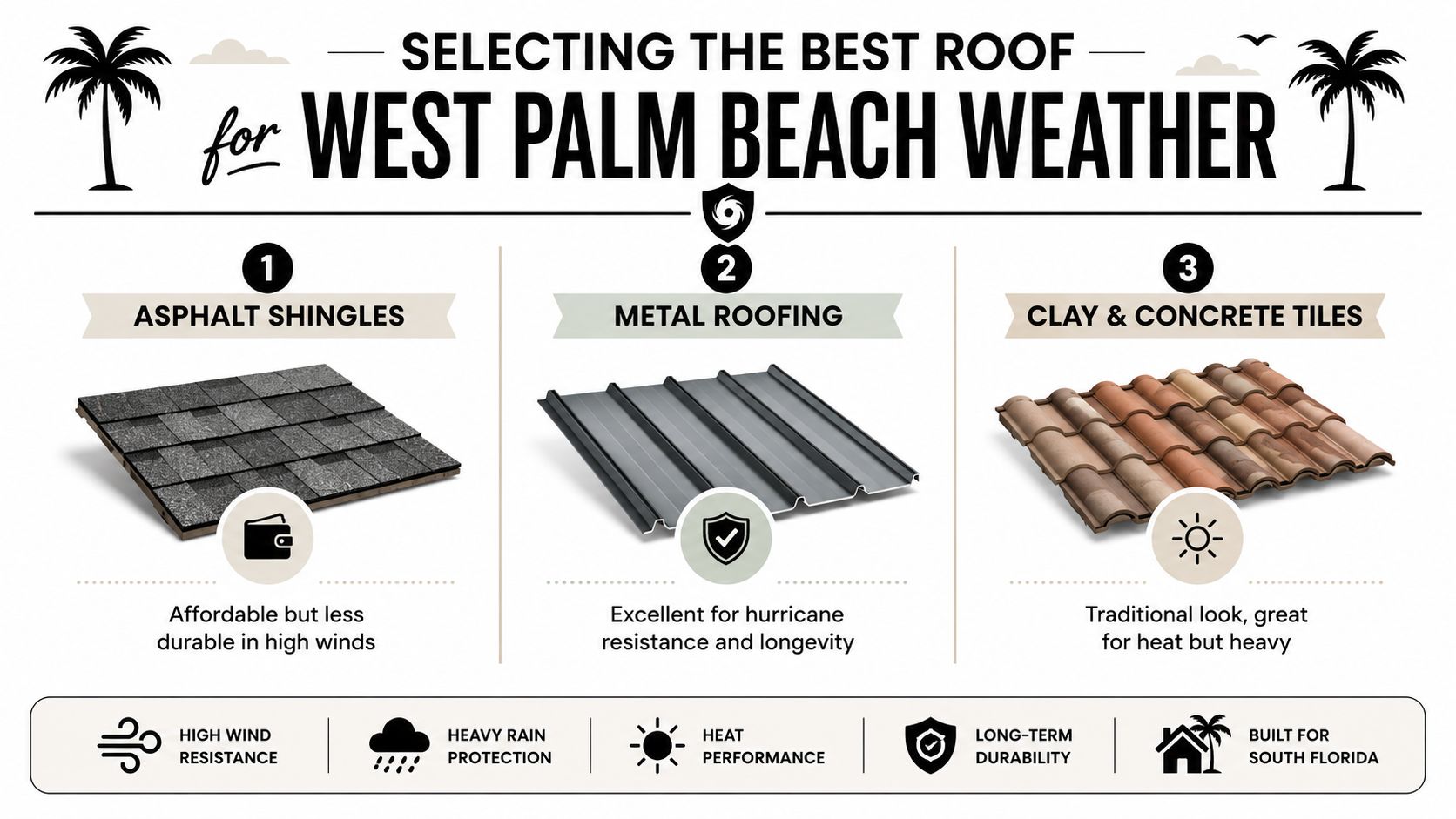 An infographic comparing asphalt shingles, metal roofing, and clay tiles for West Palm Beach weather conditions.