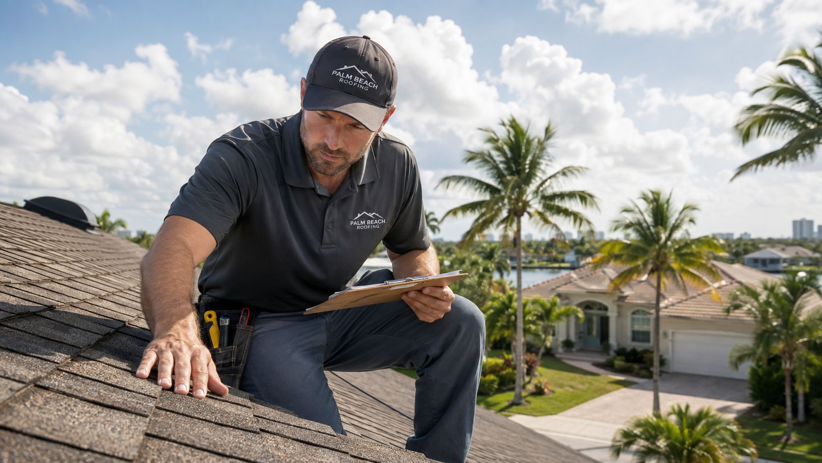 A professional roofer wearing a Palm Beach Roofing branded shirt and cap inspecting a shingle roof.
