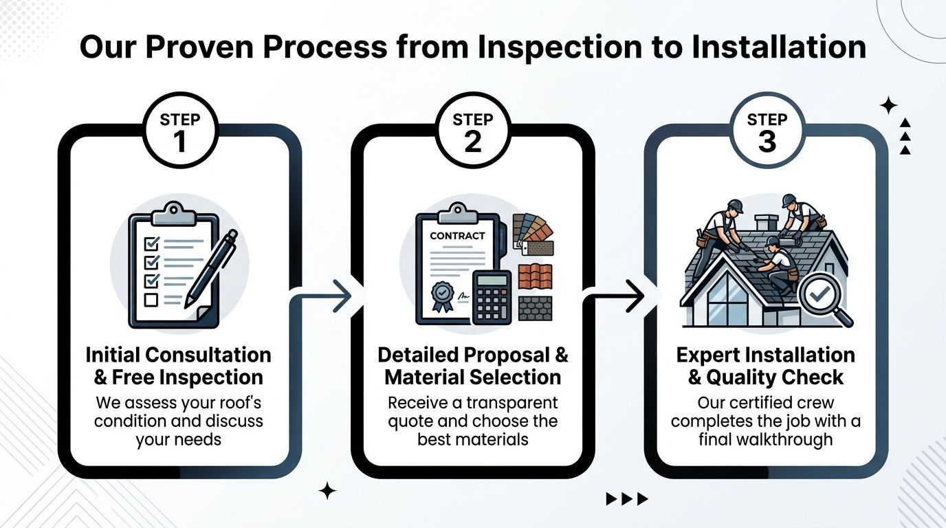 A three-step infographic illustrating a roofing company process from initial inspection to final installation.