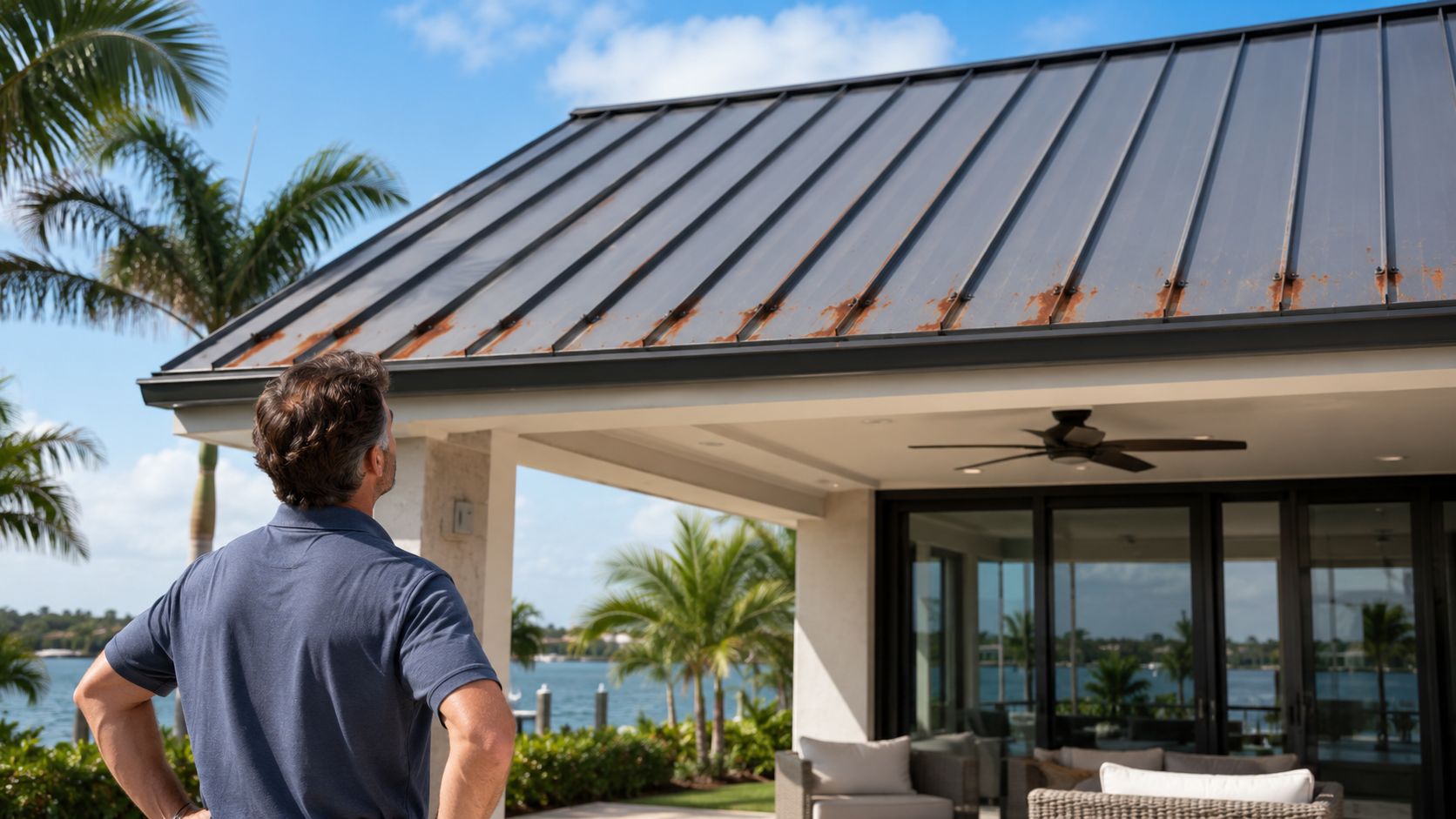 A man in a blue shirt inspects rust spots on his home's dark metal standing seam roof.