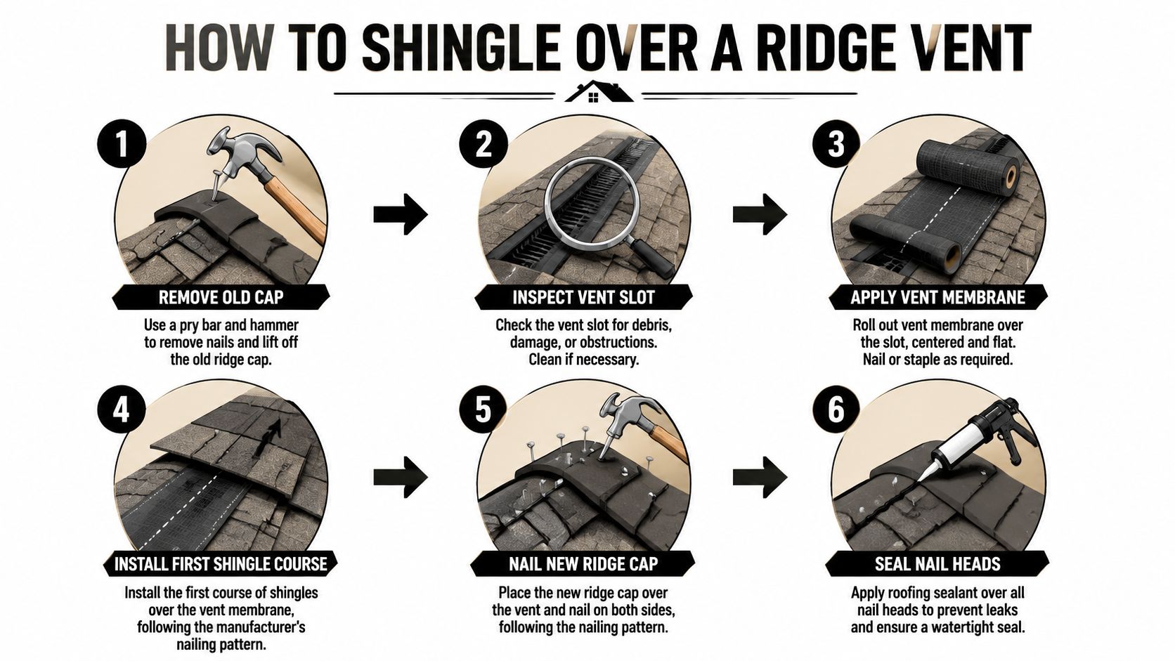 An infographic showing a six-step process on how to properly install shingles over a roof ridge vent.